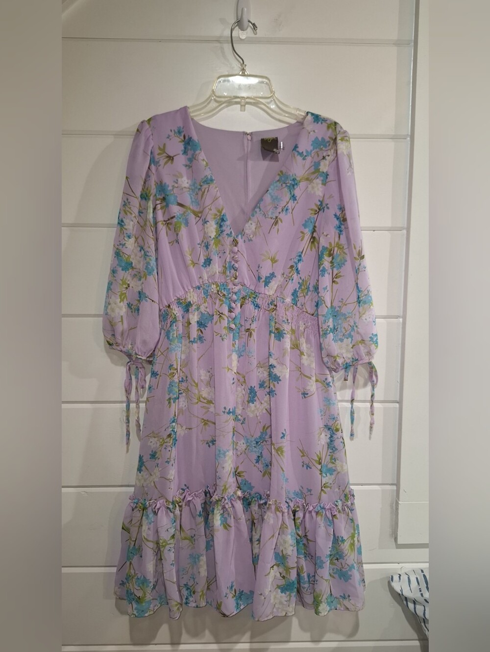 Taylor Lavender Floral V-Neck Tiered Dress with Blue Accents